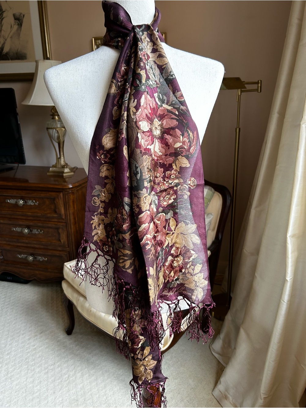 Vintage Ralph Lauren Burgundy Silk Jacquard Floral Silk Scarf with Silk Fringe